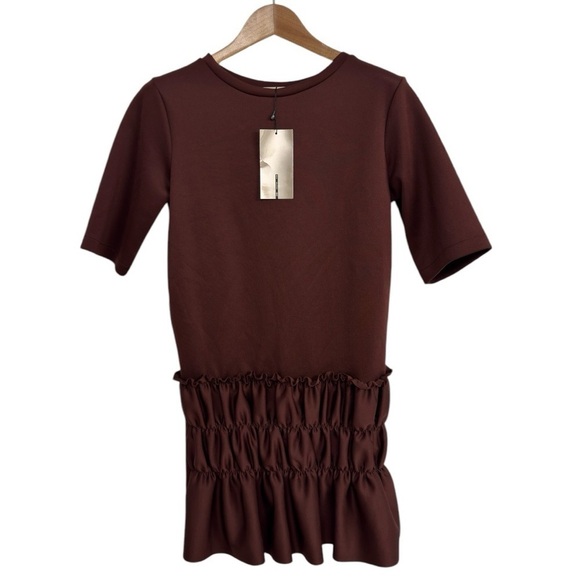 NWT Zara W&B Collection Dress Women's Small Drop Waist Ruffle Short Burgundy - Picture 3 of 9